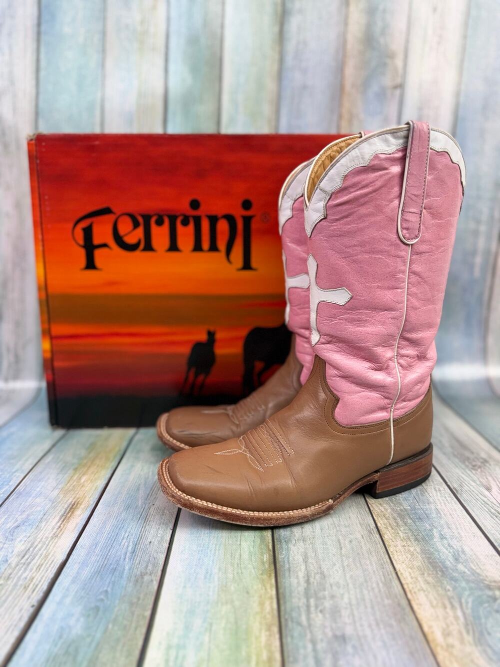 Ferrini Cowboy Boots Pink White Cross Women's Size 9 Square Toe Western Cowgirl